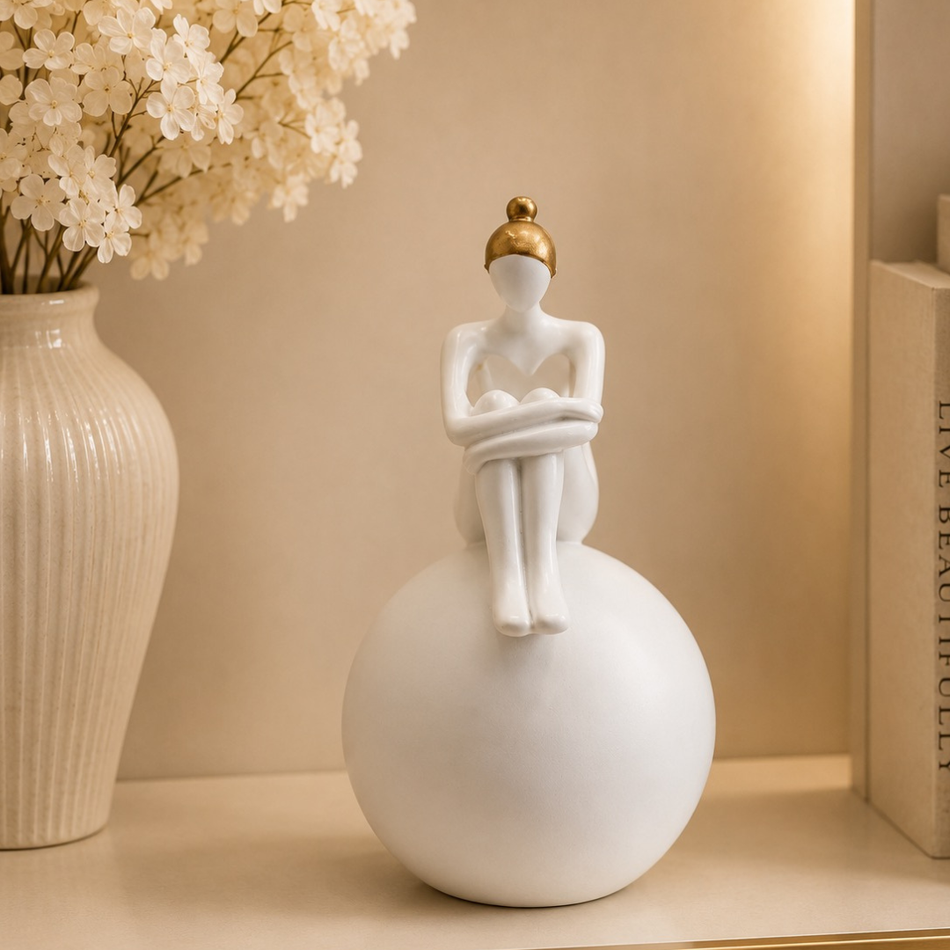 White & Gold Seated Lady Figurine on Ball 28cm – Resin Sculpture Ornament