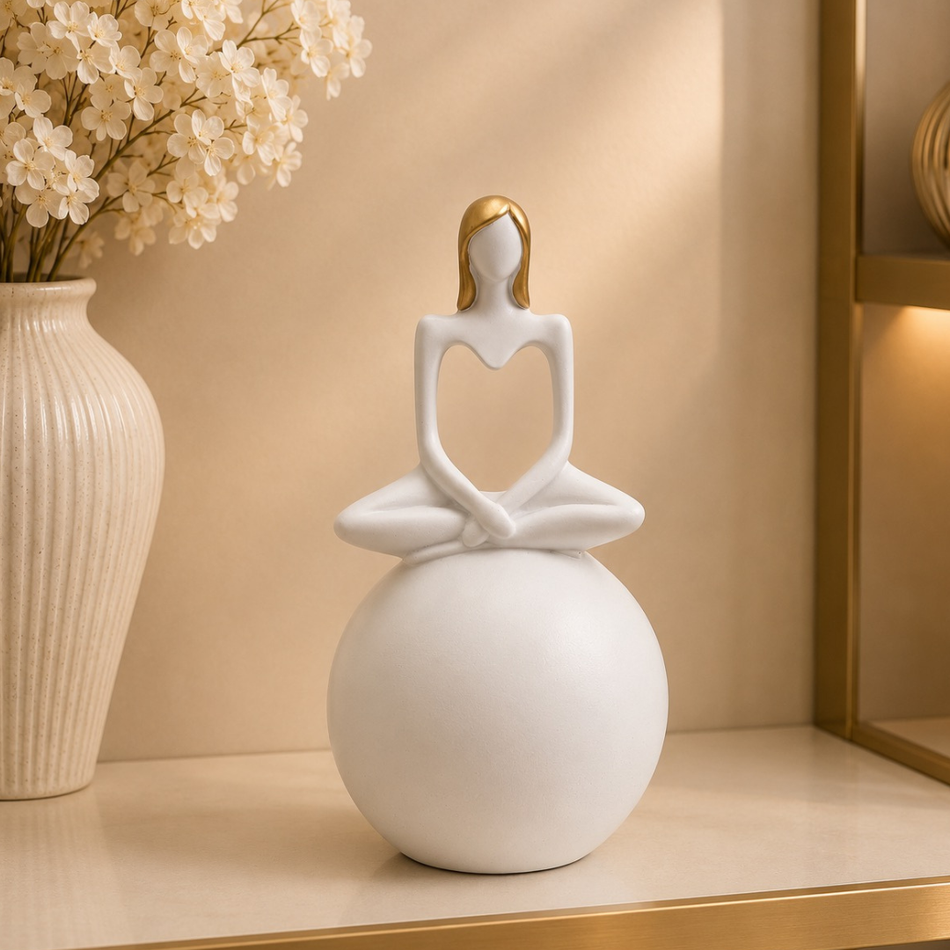 White & Gold Yoga Lady Figurine on Ball 28cm – Resin Sculpture Ornament