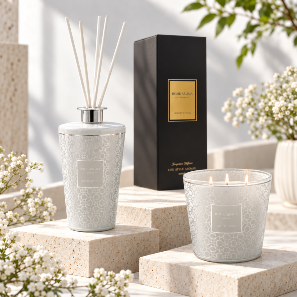 White and Silver Geometric Reed Diffuser 1000ml and Scented Candle Gift Set