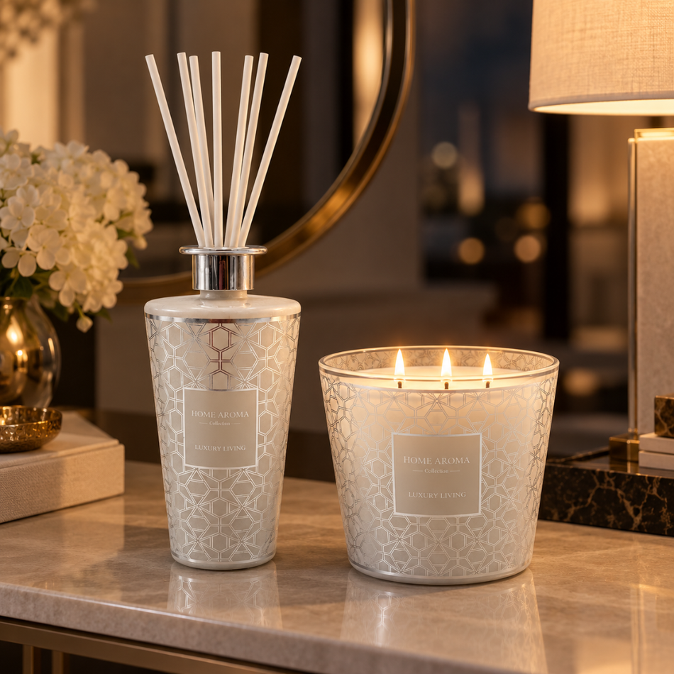 White and Silver Geometric Reed Diffuser 1000ml and Scented Candle Gift Set