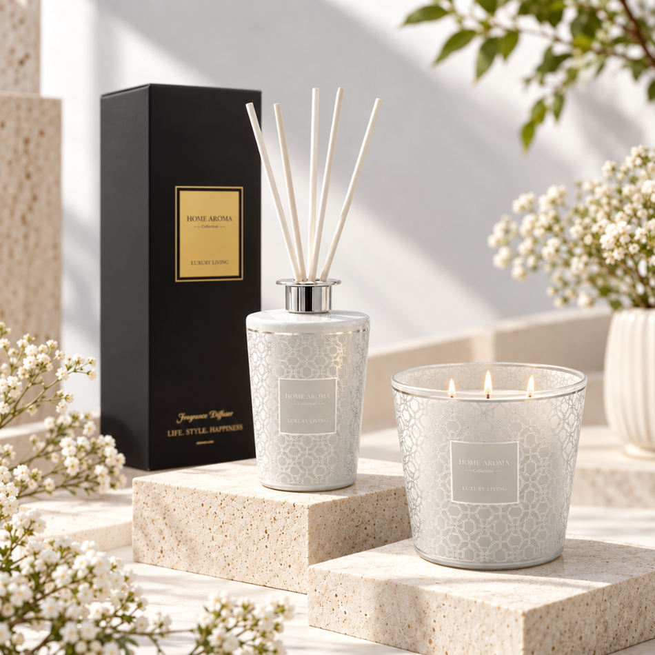 White and Silver Geometric Reed Diffuser 500ml and Scented Candle Gift Set