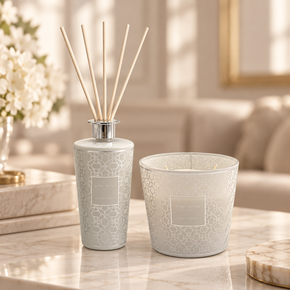 White and Silver Geometric Reed Diffuser 500ml and Scented Candle Gift Set