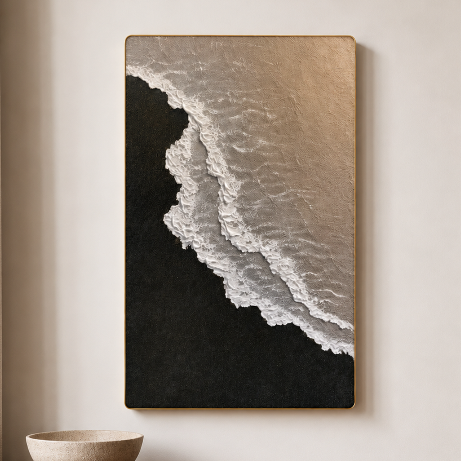 White Wave Sculpted Framed Wall Art 60 x 90cm Charcoal and White