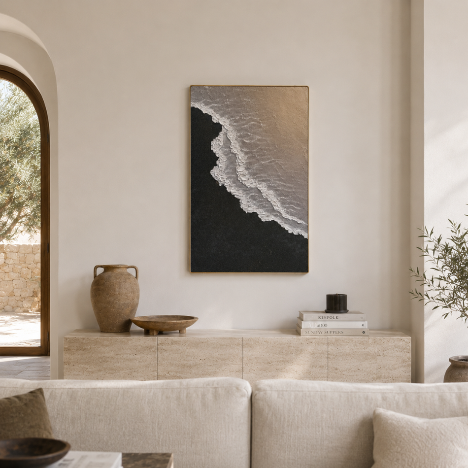 White Wave Sculpted Framed Wall Art 60 x 90cm Charcoal and White