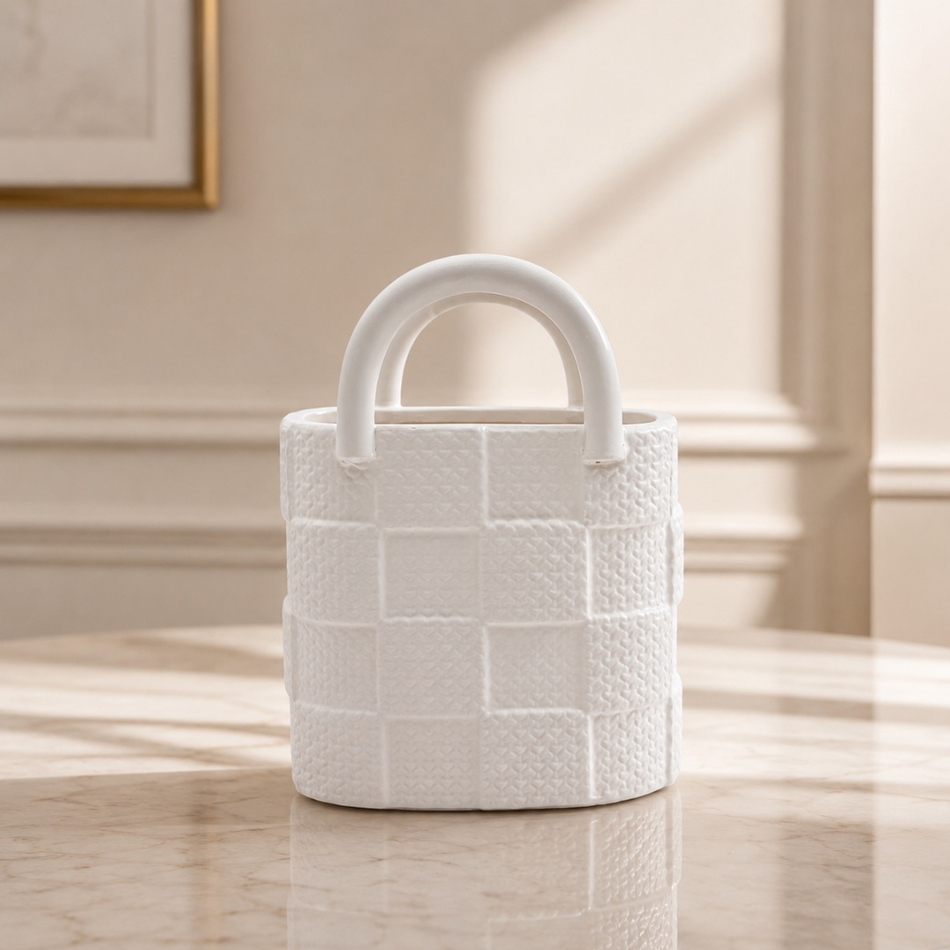 White Woven Basket Bag Vase 23cm – Ceramic Handbag Vase