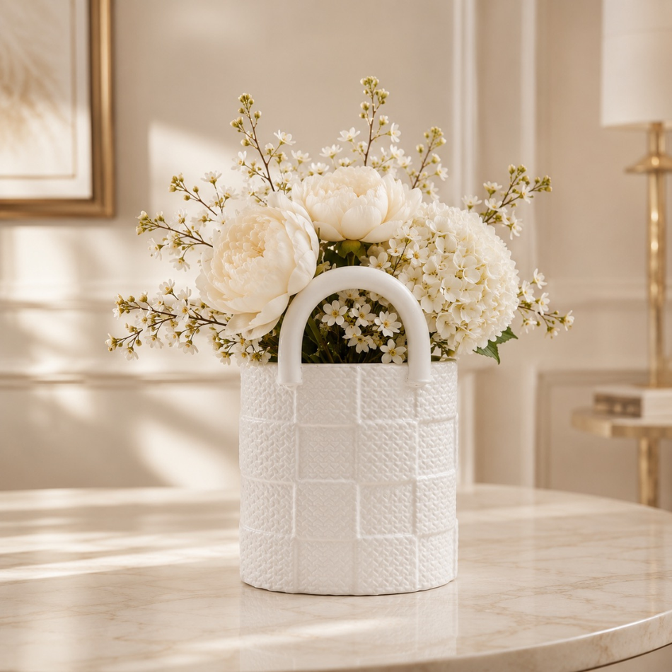 White Woven Basket Bag Vase 23cm – Ceramic Handbag Vase