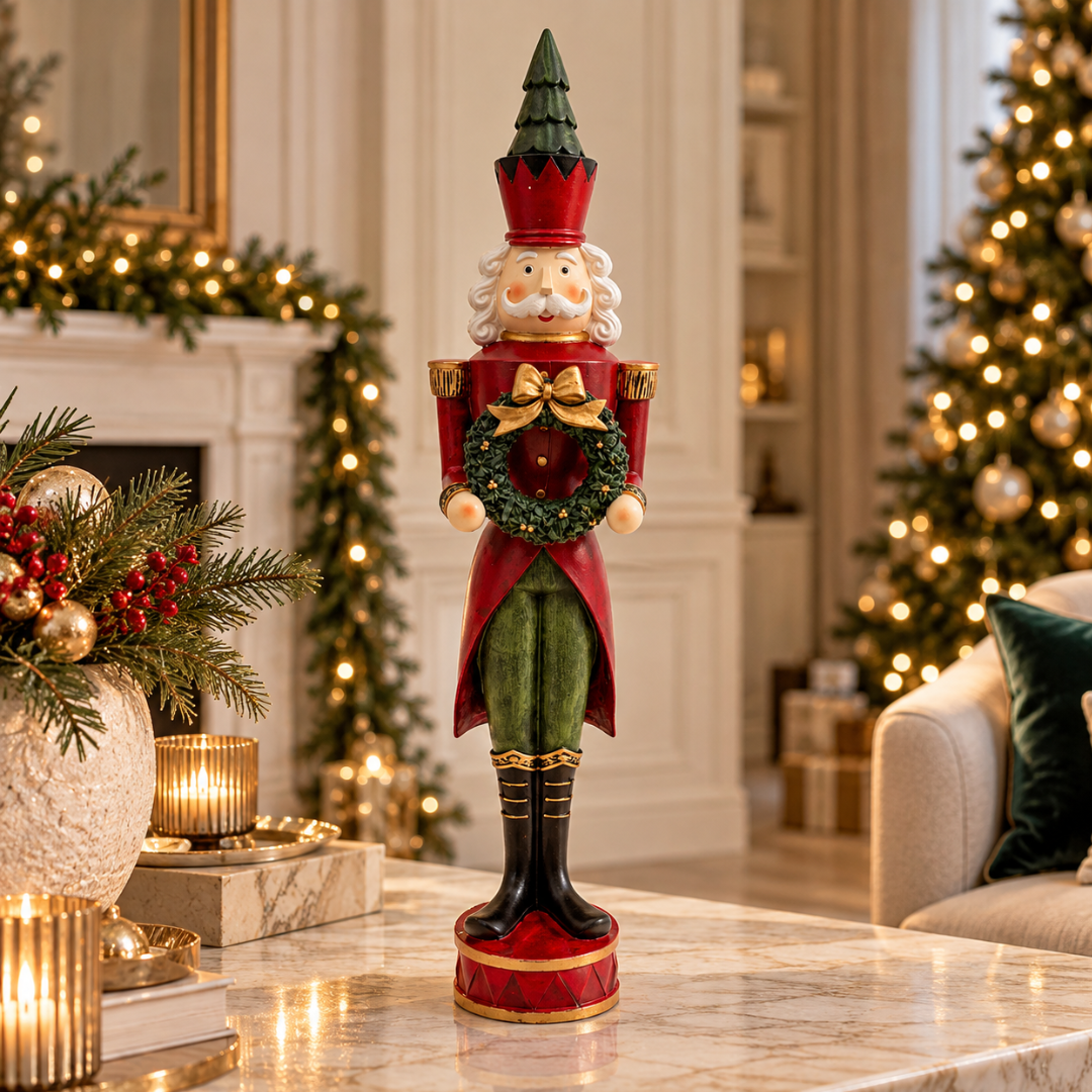 A festive Christmas nutcracker figurine stands on a marble table in a decorated living room. The nutcracker is dressed in red and green with gold accents, holding a green wreath.
