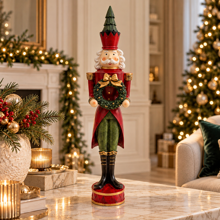 A festive Christmas nutcracker figurine stands on a marble table in a decorated living room. The nutcracker is dressed in red and green with gold accents, holding a green wreath.
