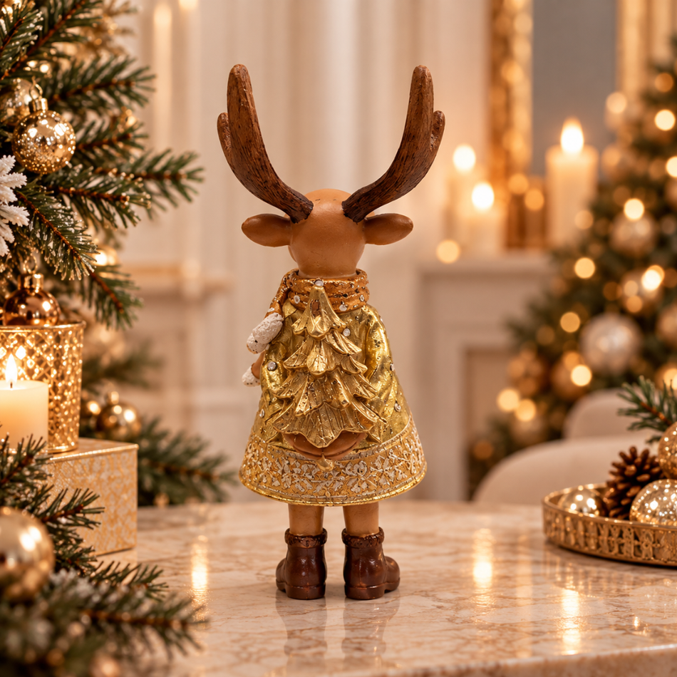 Wooden Reindeer Figurine 21cm Gold Dress with Christmas Tree