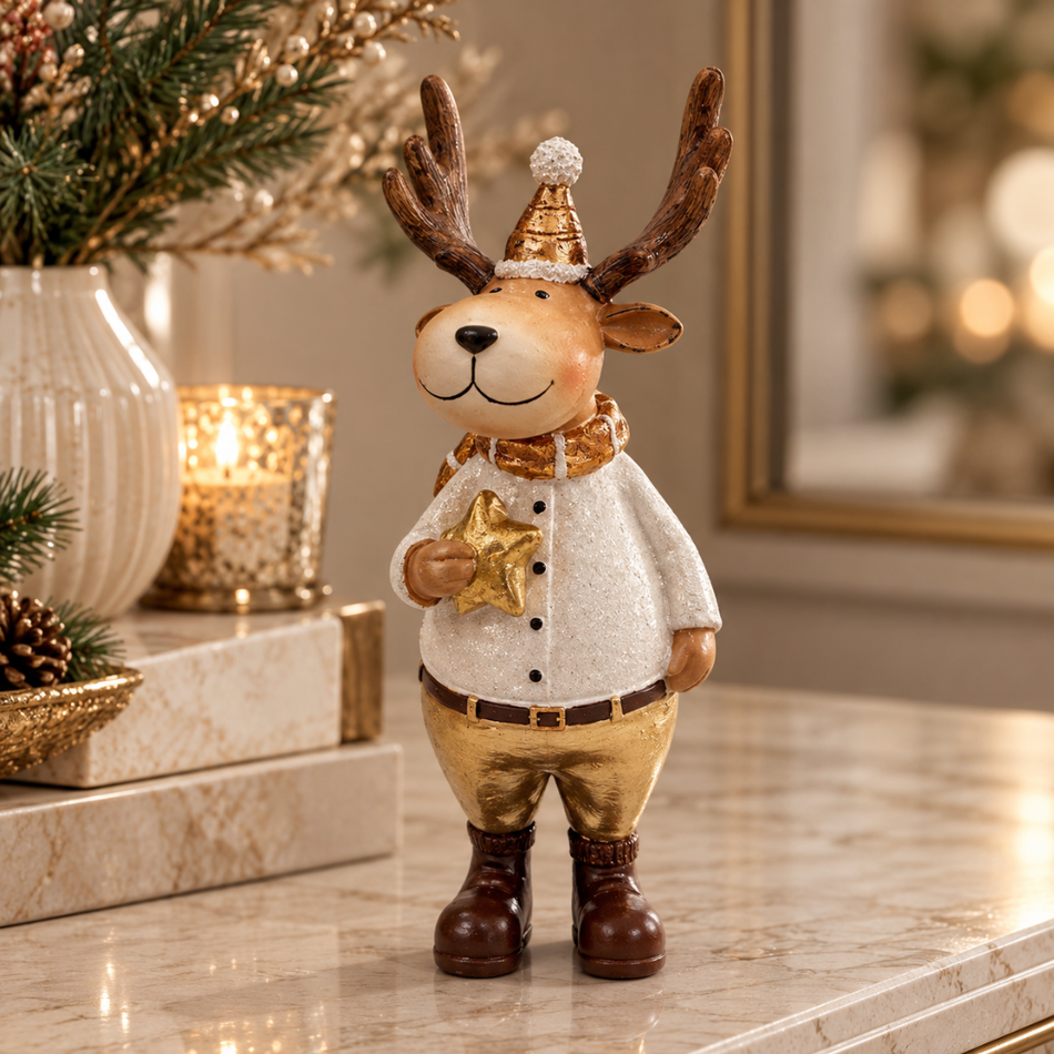 Wooden Reindeer Christmas Figurine 21cm White Jacket with Star