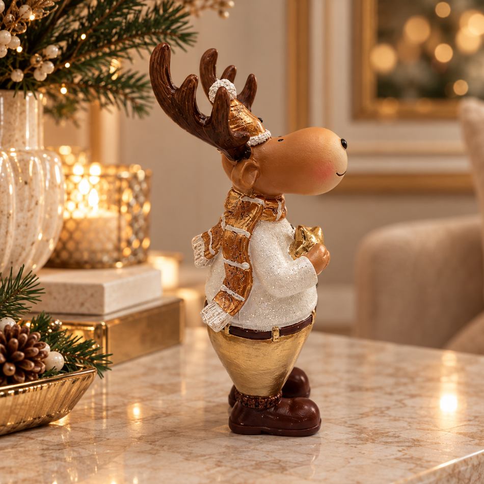 Wooden Reindeer Christmas Figurine 21cm White Jacket with Star