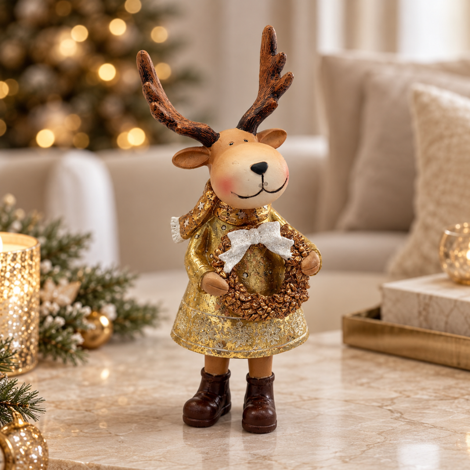 Wooden Reindeer Figurine 27cm Gold Dress with Wreath - Christmas Figurine