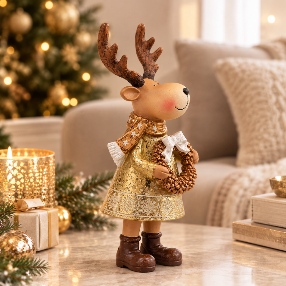Wooden Reindeer Figurine 27cm Gold Dress with Wreath - Christmas Figurine