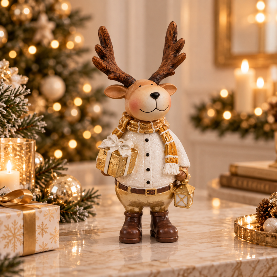 Wooden Reindeer Christmas Figurine 27cm White Jacket with Gift and Lantern
