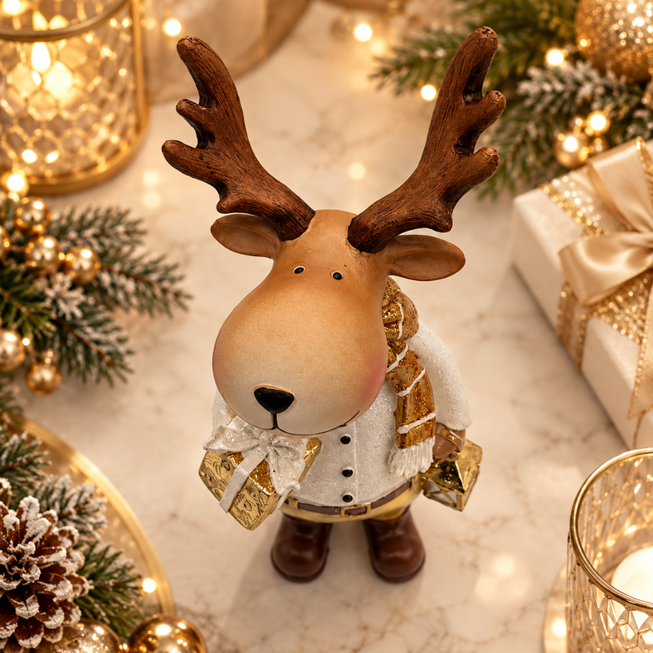 Wooden Reindeer Christmas Figurine 27cm White Jacket with Gift and Lantern