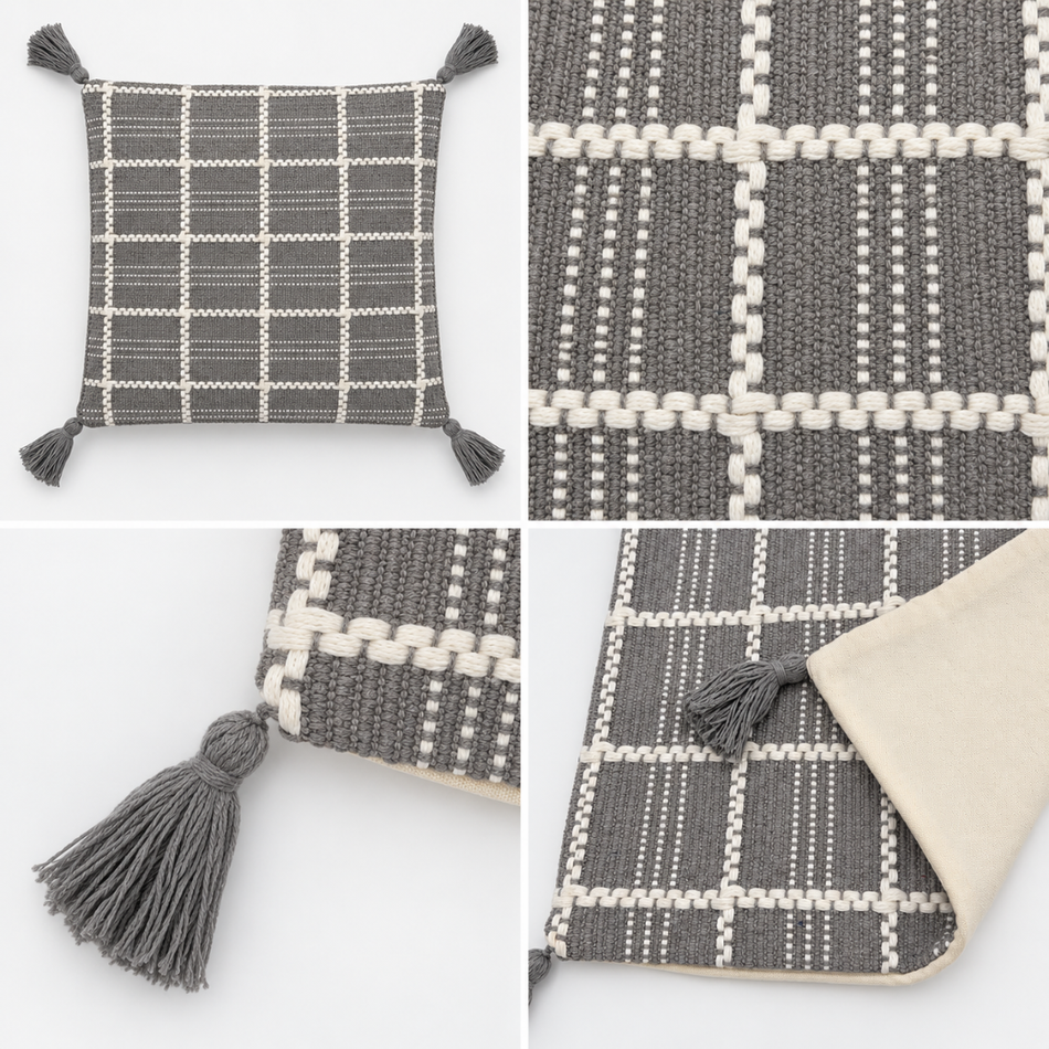 Woven Grid Tassel Cushion Cover 45 x 45cm Grey and Cream
