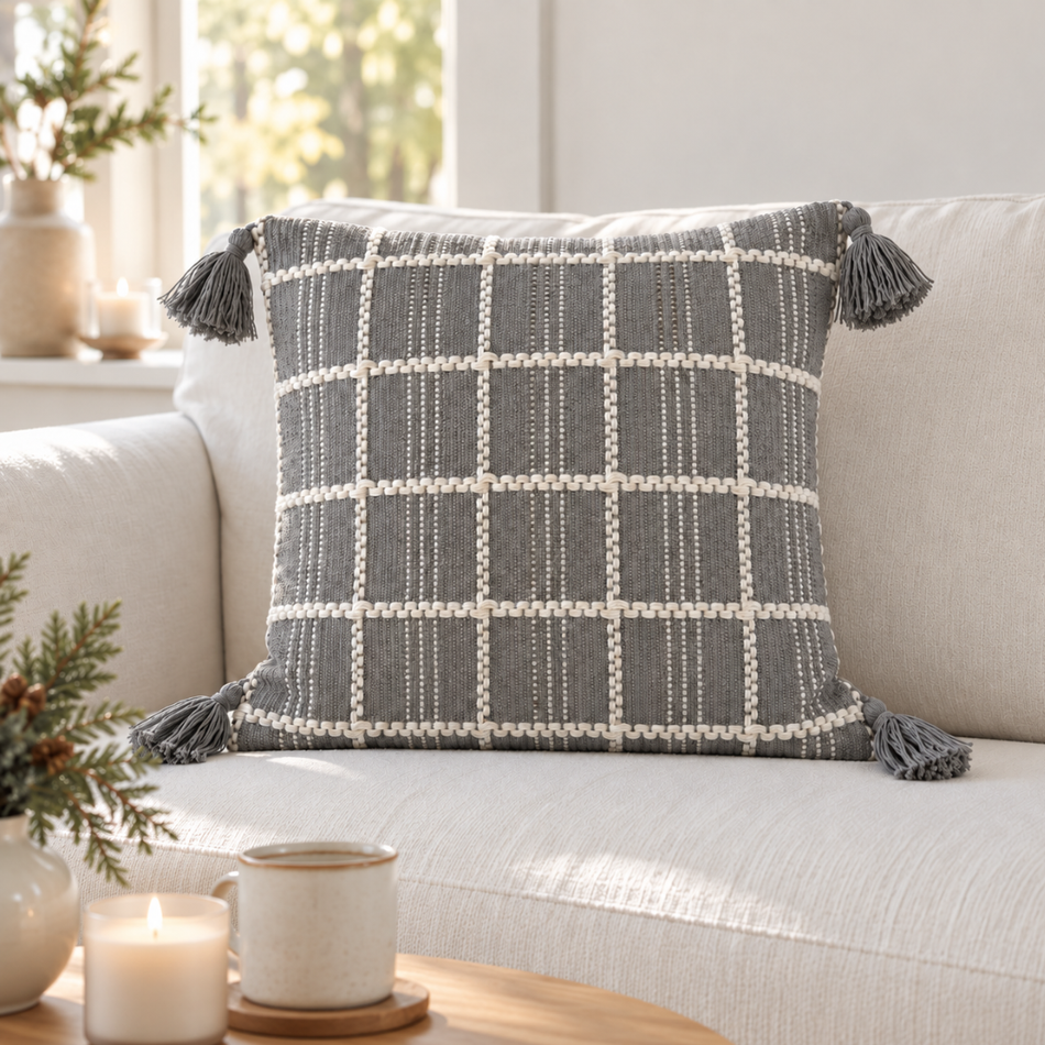 Woven Grid Tassel Cushion Cover 45 x 45cm Grey and Cream