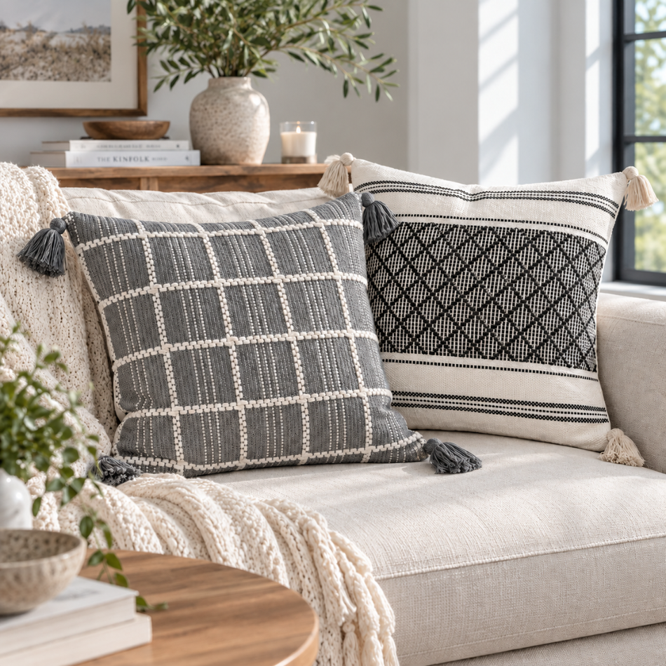 Woven Tassel Cushion Gift Set of 2 with Pads 45 x 45cm Grey Cream and Black