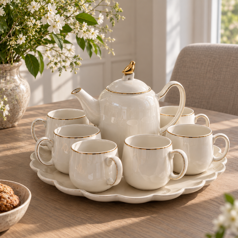 White & Gold Bird-Detail Porcelain Tea Set for 6 with Teapot & Rotating Tray
