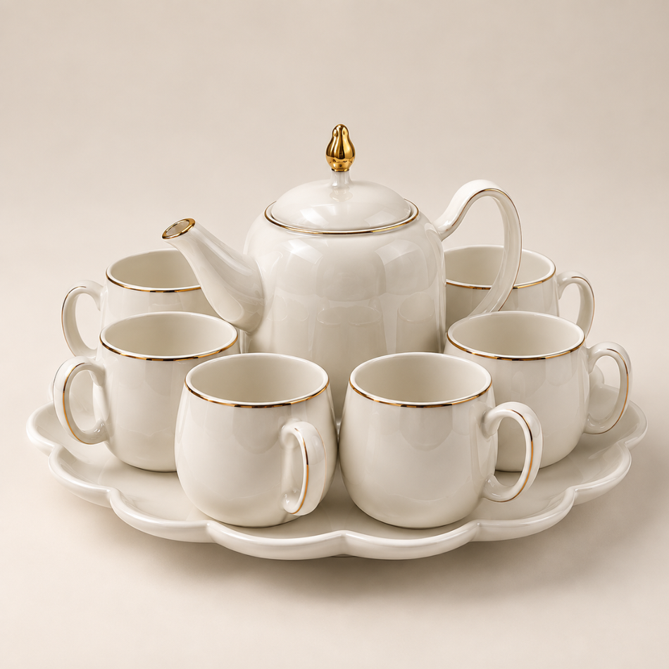 White & Gold Bird-Detail Porcelain Tea Set for 6 with Teapot & Rotating Tray