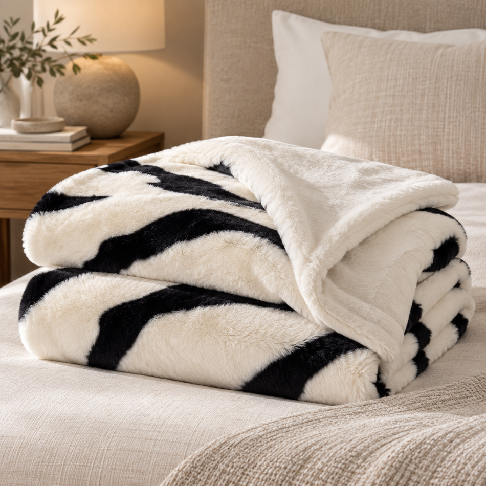 Zebra Print Faux Fur Throw Blanket - Cream and Black