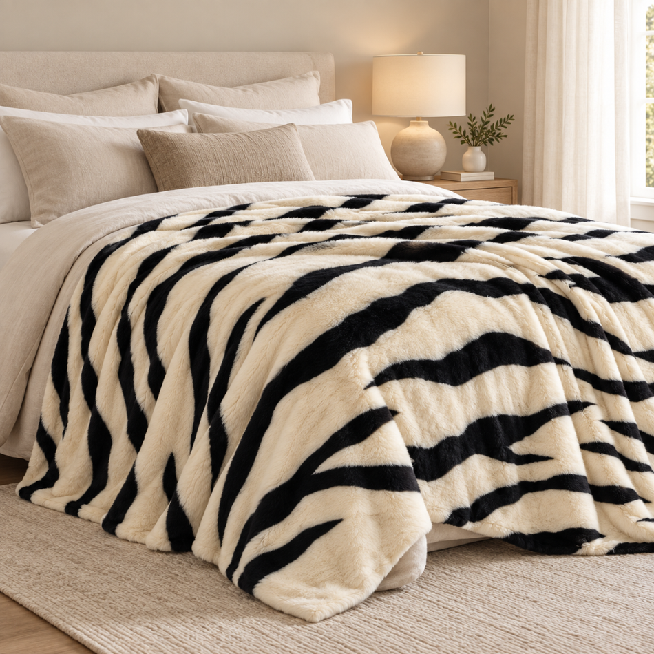 Zebra Print Faux Fur Throw Blanket - Cream and Black